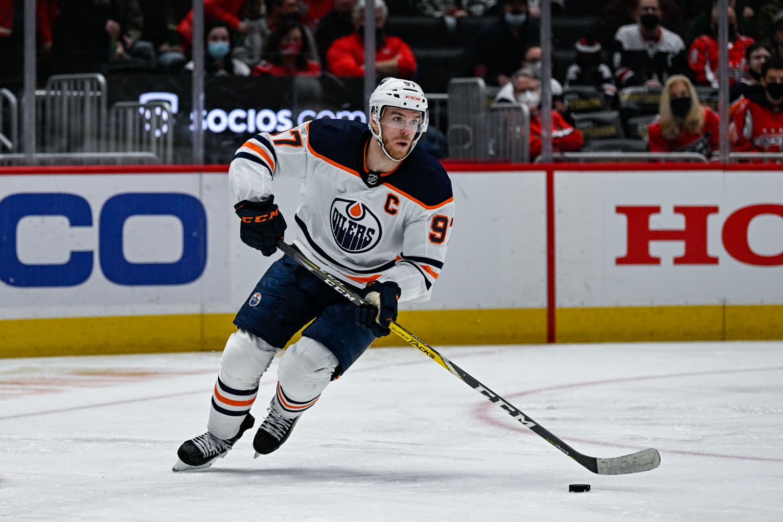 Connor McDavid skating in an Edmonton Oilers uniform at Capital One Arena, February 2, 2022.